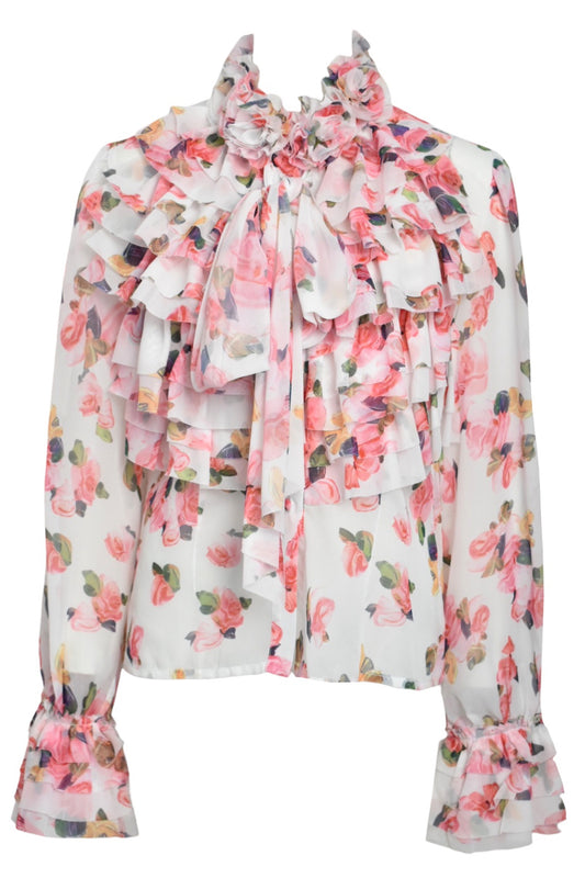 White & Pink Floral Rose Corsage Frill Blouse