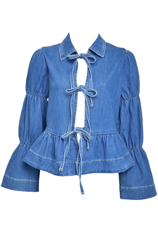 Denim Peplum Tie Front Top