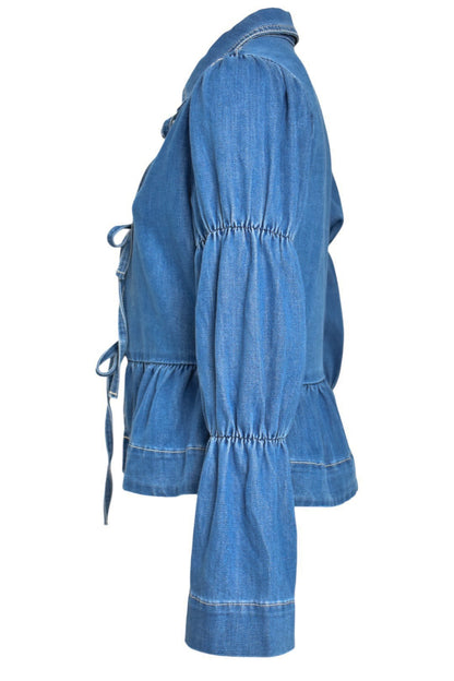 Denim Peplum Tie Front Top