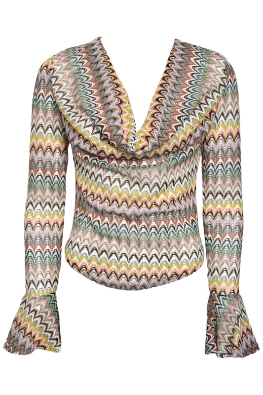 Green & Multi Zig Zag Knitted Cowl Neck Top