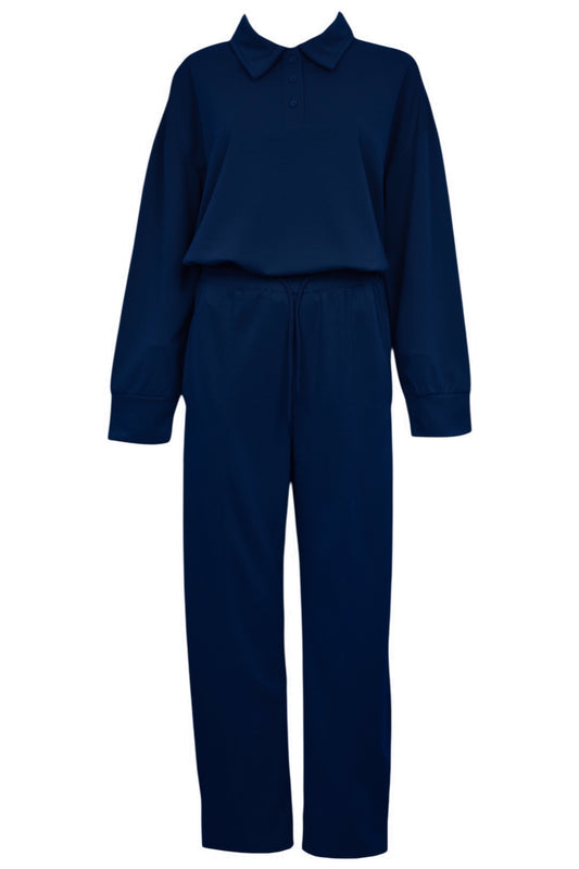 Navy Collared Top & Wide Leg Trousers Loungesuit