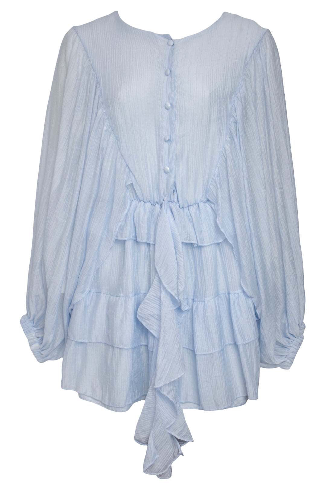 Blue Balloon Sleeve Tiered Hem Dress
