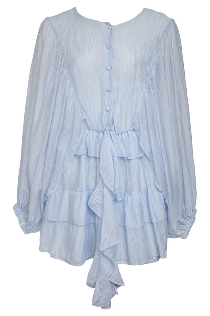 Blue Balloon Sleeve Tiered Hem Dress