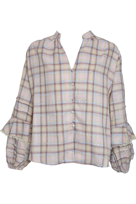 Pastel Checked Balloon Sleeve Blouse