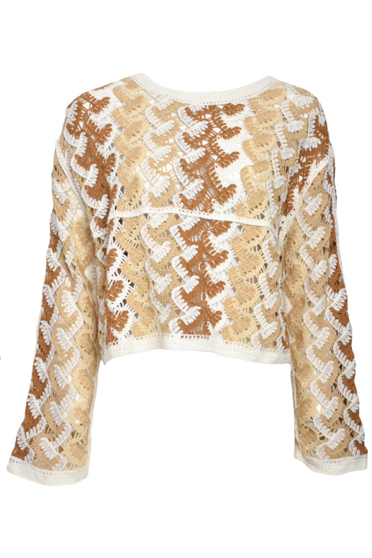 Cream & Caramel Crocheted Long Sleeve Top