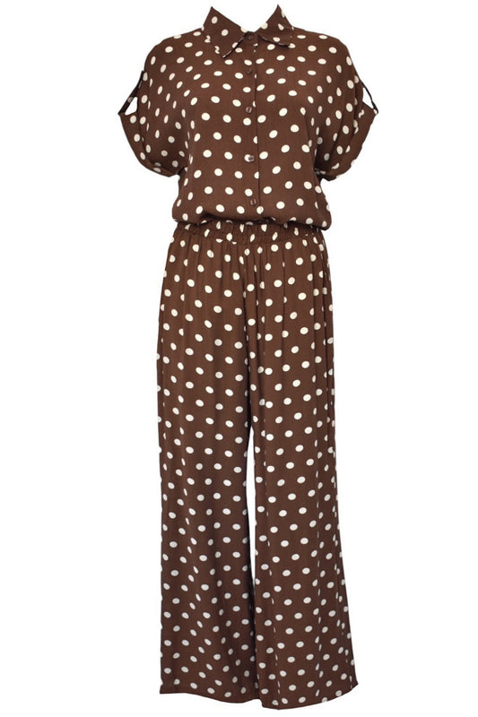 Brown & Cream Polka Dot Wide Leg Trousers Co-ord