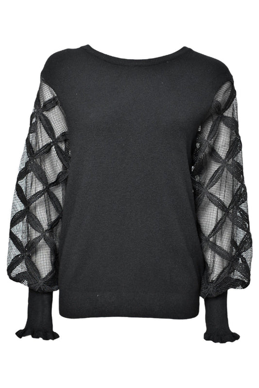 Black Lattice Net Puff Sleeve Jumper