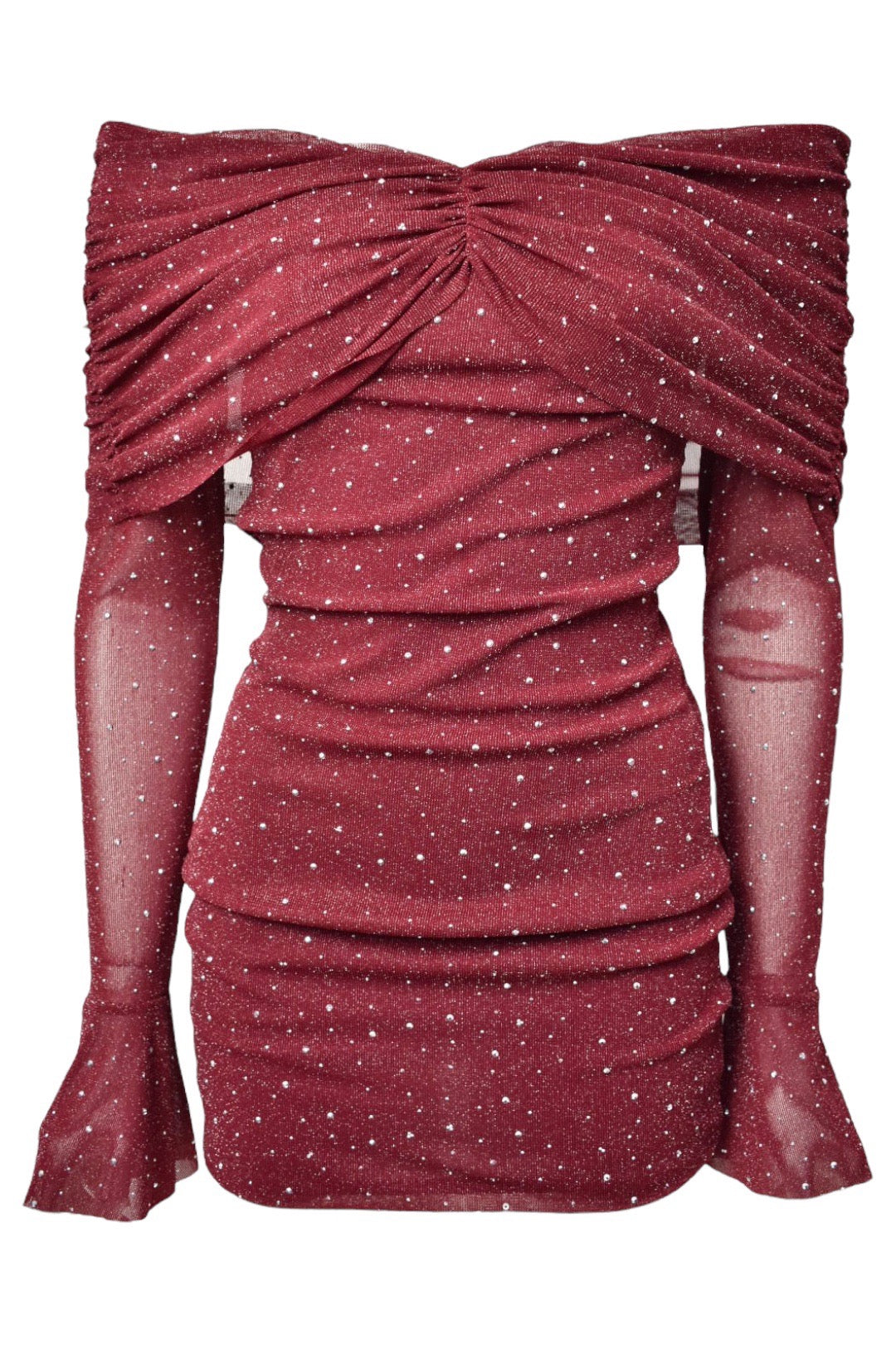 Burgundy Diamante Bow Bardot Dress