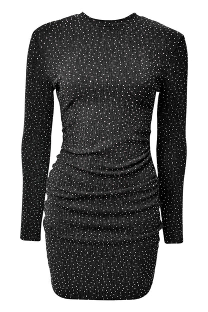 Black Diamante Ruched Long Sleeve Dress