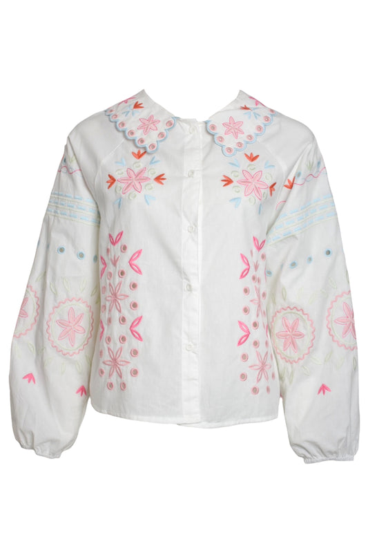 White Scallop Embroidered Collar Shirt