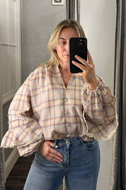 Pastel Checked Balloon Sleeve Blouse