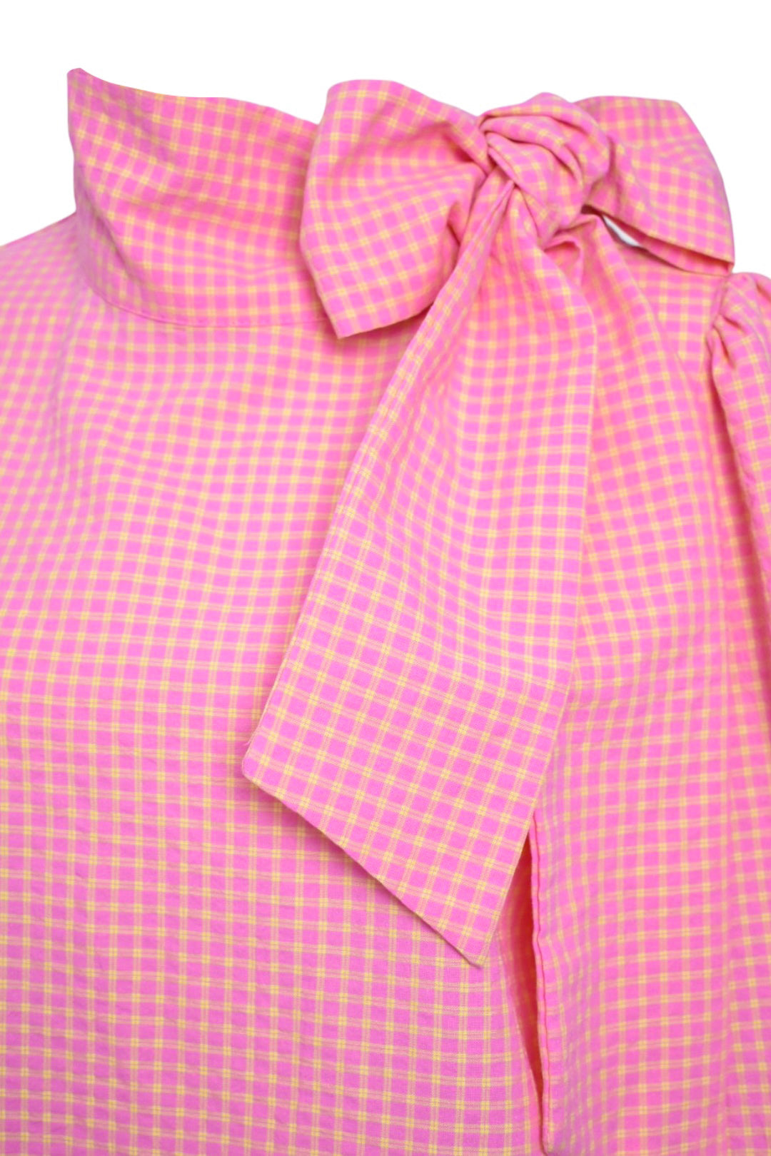 Pink & Lemon Checked Tie Neck Blouse