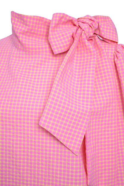 Pink & Lemon Checked Tie Neck Blouse