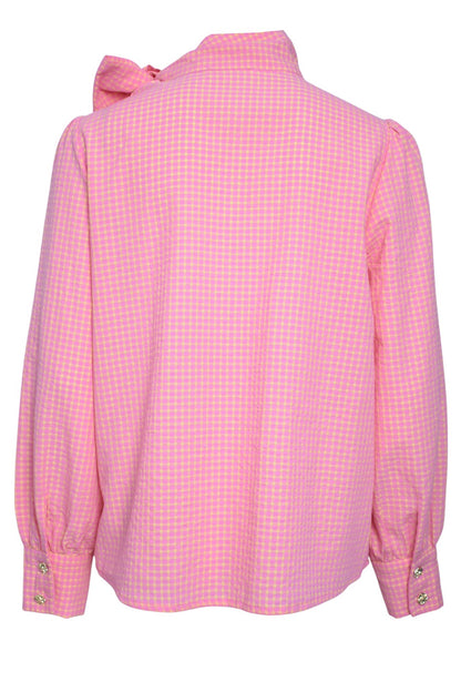 Pink & Lemon Checked Tie Neck Blouse