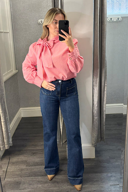 Pink & Lemon Checked Tie Neck Blouse