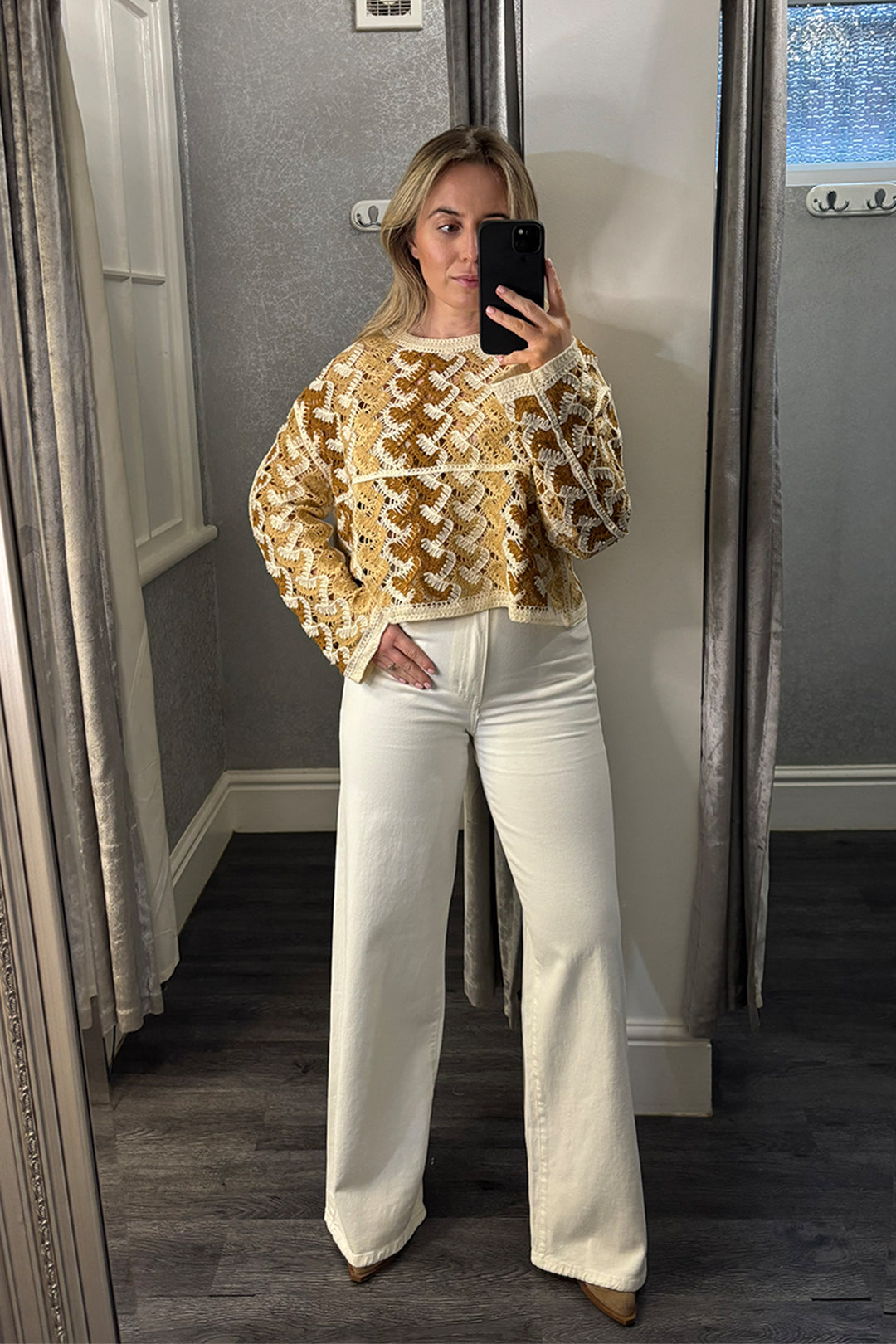 Cream & Caramel Crocheted Long Sleeve Top