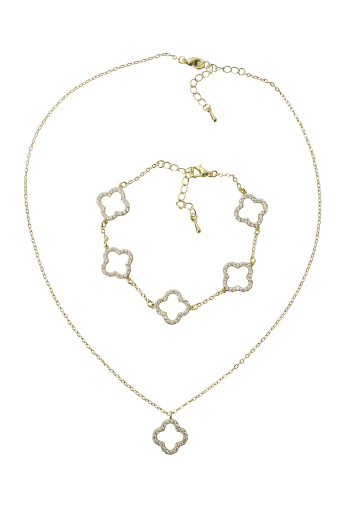 Gold Diamante Cut Out Clover Necklace & Bracelet Set