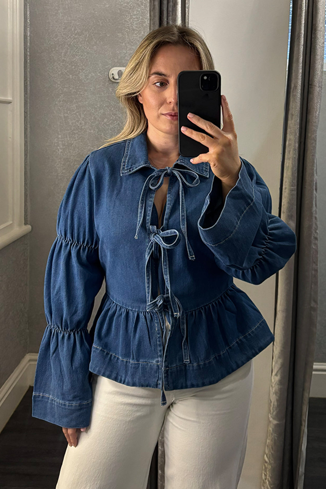 Denim Peplum Tie Front Top