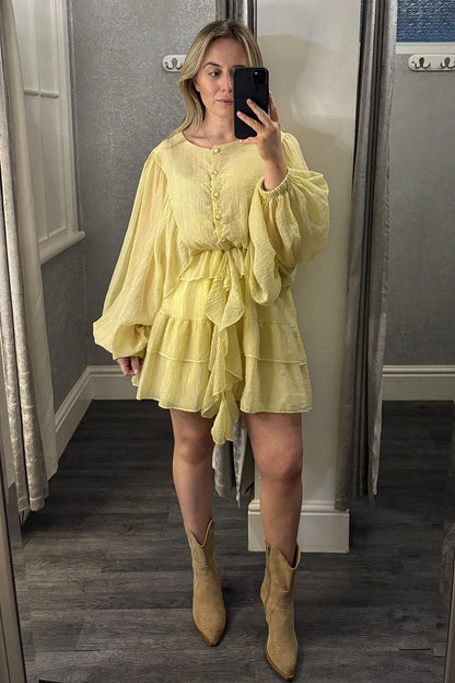 Lemon Balloon Sleeve Tiered Hem Dress