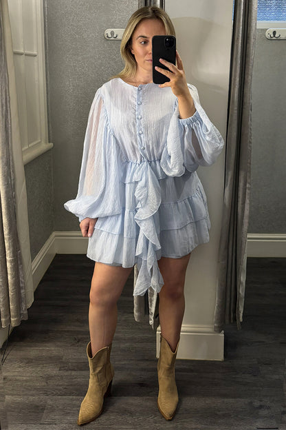 Blue Balloon Sleeve Tiered Hem Dress