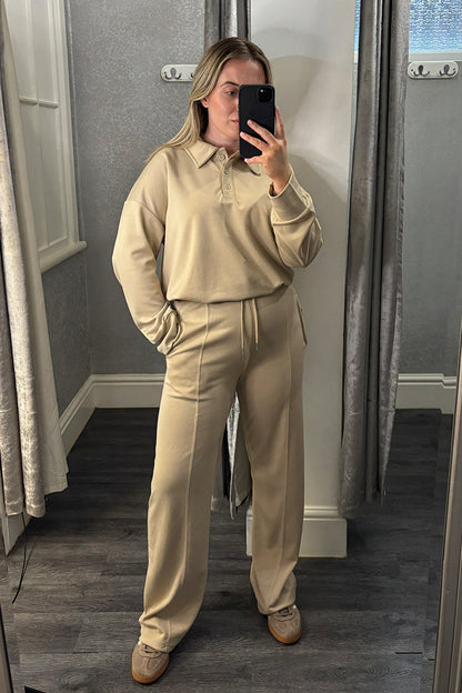 Taupe Collard Top & Wide Leg Trousers Loungesuit