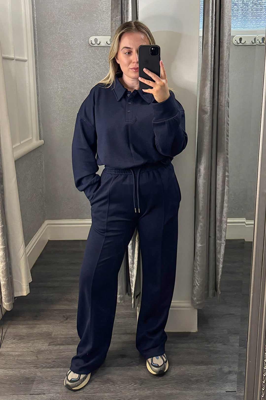 Navy Collared Top & Wide Leg Trousers Loungesuit