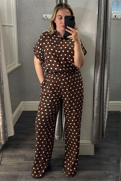 Brown & Cream Polka Dot Wide Leg Trousers Co-ord
