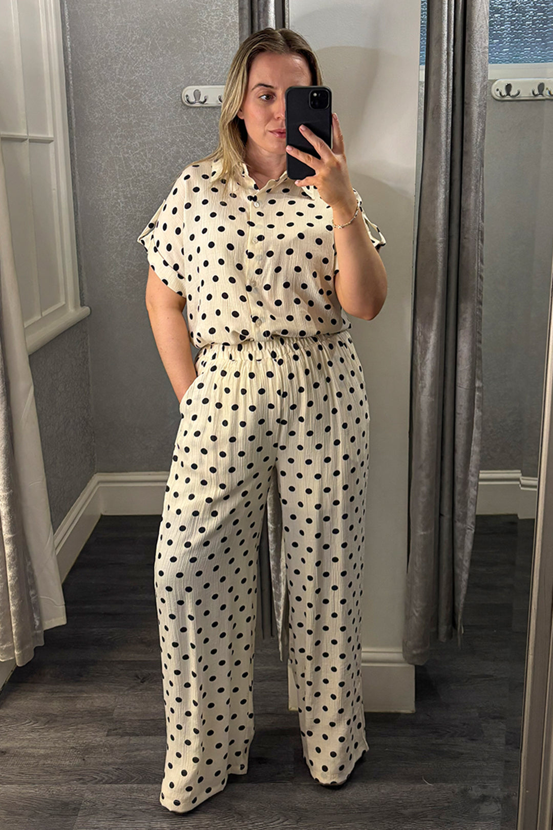 Cream & Black Polka Dot Wide Leg Trousers Co-ord