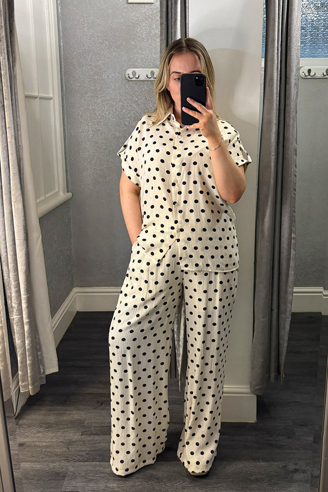 Cream & Black Polka Dot Wide Leg Trousers Co-ord