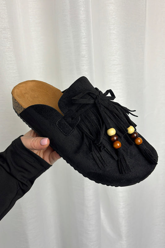 Black Faux Suede Fringe & Bead Mules