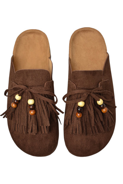 Brown Faux Suede Fringe & Bead Mules