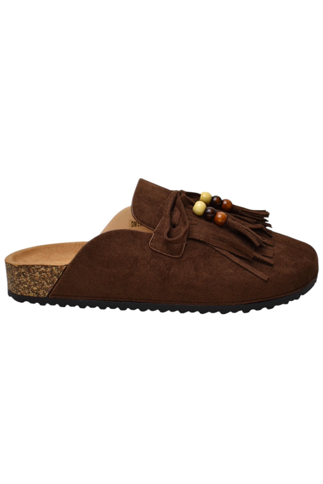 Brown Faux Suede Fringe & Bead Mules