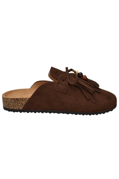 Brown Faux Suede Fringe & Bead Mules