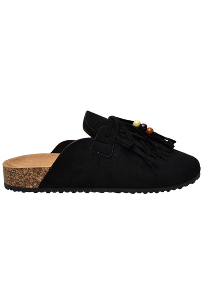 Black Faux Suede Fringe & Bead Mules