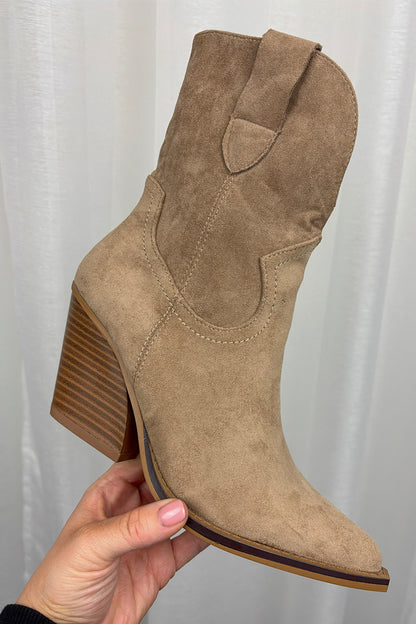 Beige Faux Suede Cowboy Boots