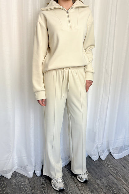 Cream Quarter Zip & Wide Leg Trousers Loungesuit