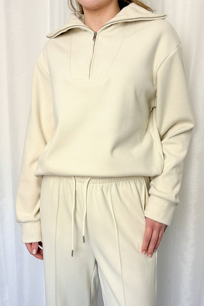 Cream Quarter Zip & Wide Leg Trousers Loungesuit