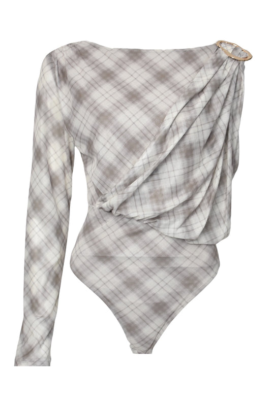 Cream & Grey Checked One Shoulder Bodysuit
