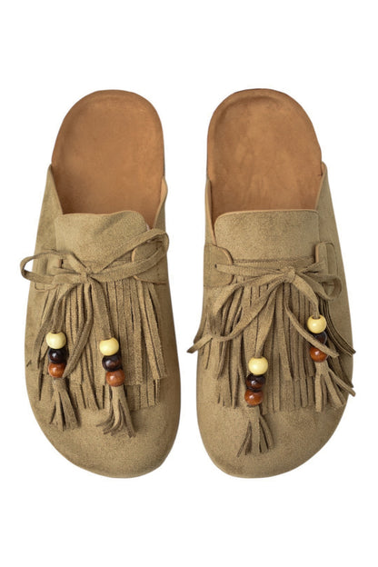Taupe Faux Suede Fringe & Bead Mules