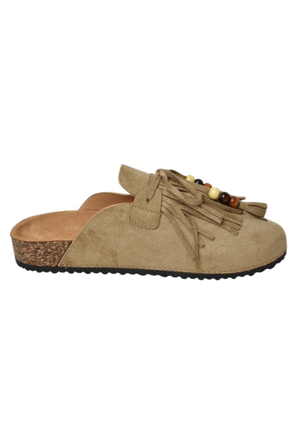 Taupe Faux Suede Fringe & Bead Mules