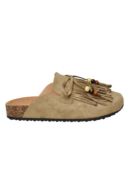 Taupe Faux Suede Fringe & Bead Mules