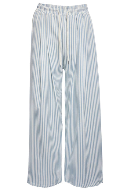 Blue & White Striped Wide Leg Trousers