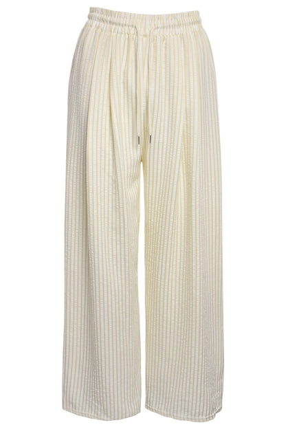 Beige & White Striped Wide Leg Trousers