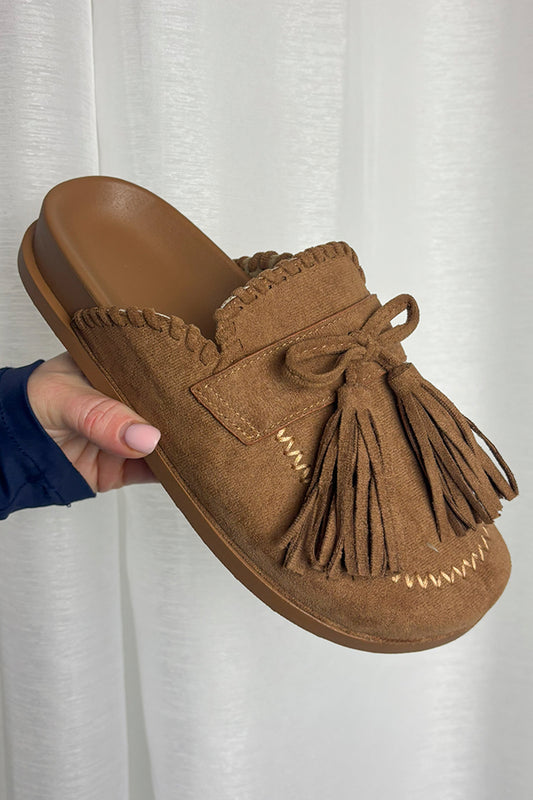 Tan Faux Suede Tassel Tie Mules