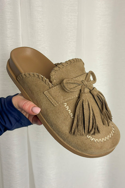 Taupe Faux Suede Tassel Tie Mules