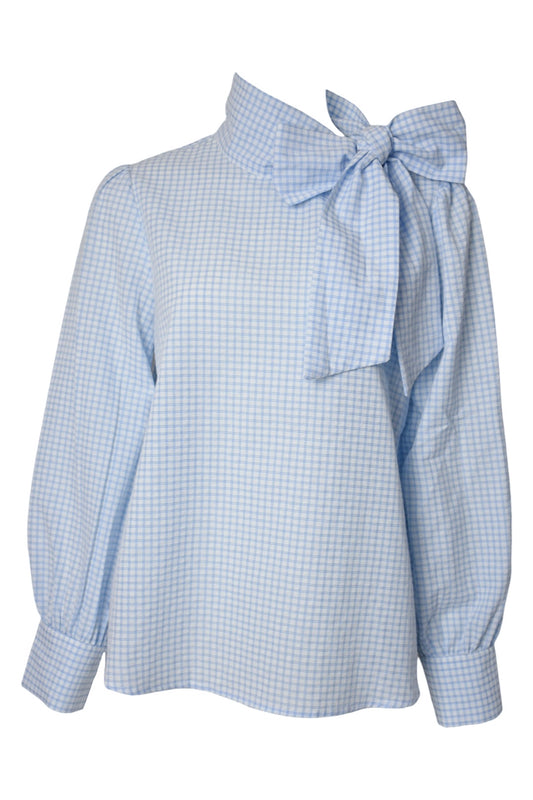 Blue & White Checked Tie Neck Blouse