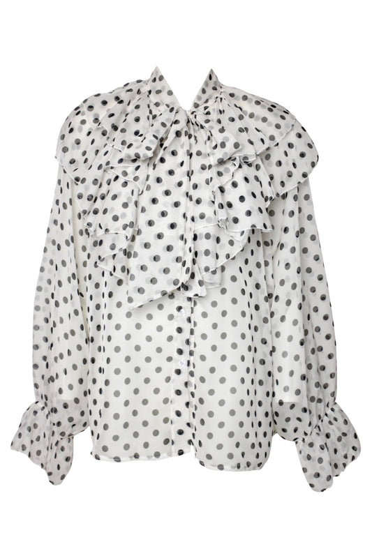 White & Black Polka Dot Frill Blouse