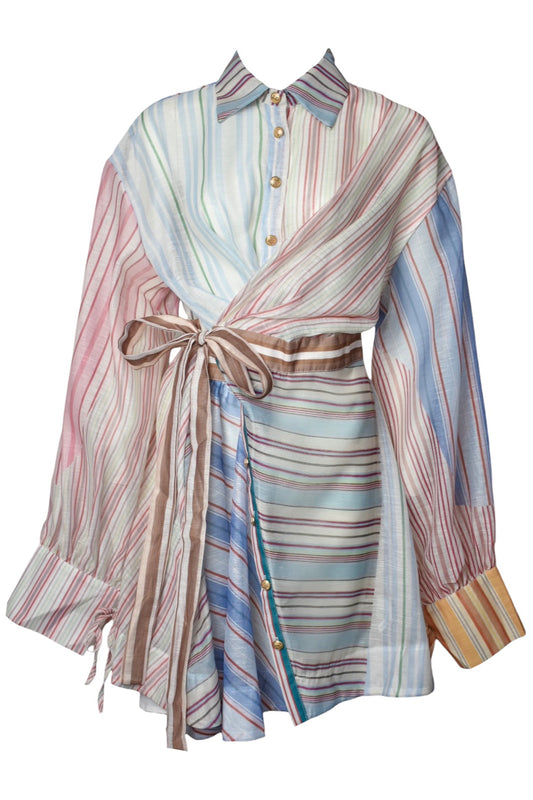 Multi Striped Button Up Belted Dress