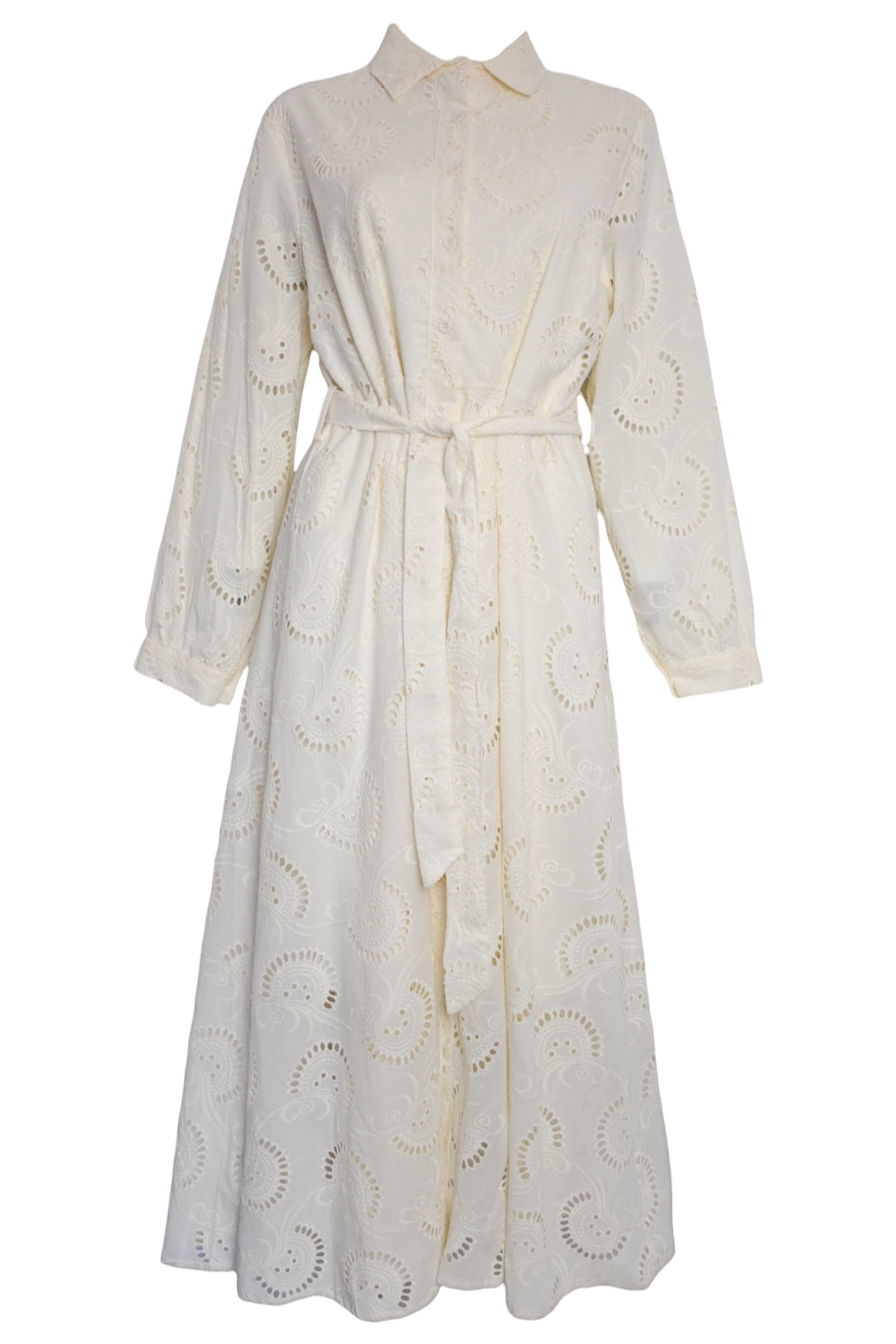 Cream Broderie Anglaise Belted Midi Dress