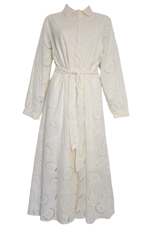 Cream Broderie Anglaise Belted Midi Dress